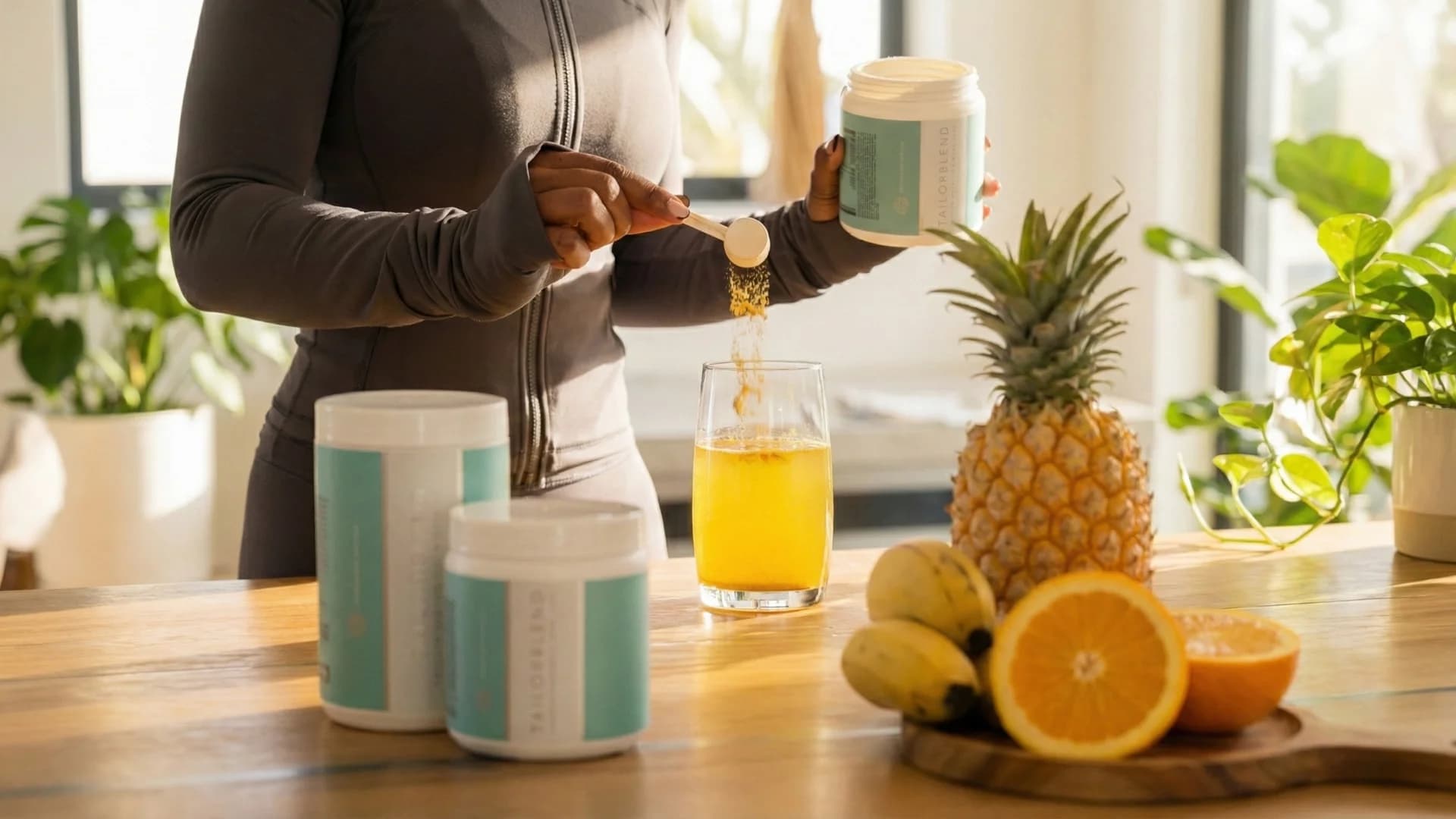 Woman making TAILORBLEND drink with fresh fruits
