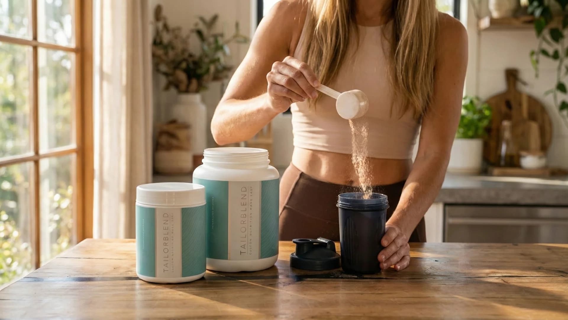 Athletic woman scooping TAILORBLEND powder