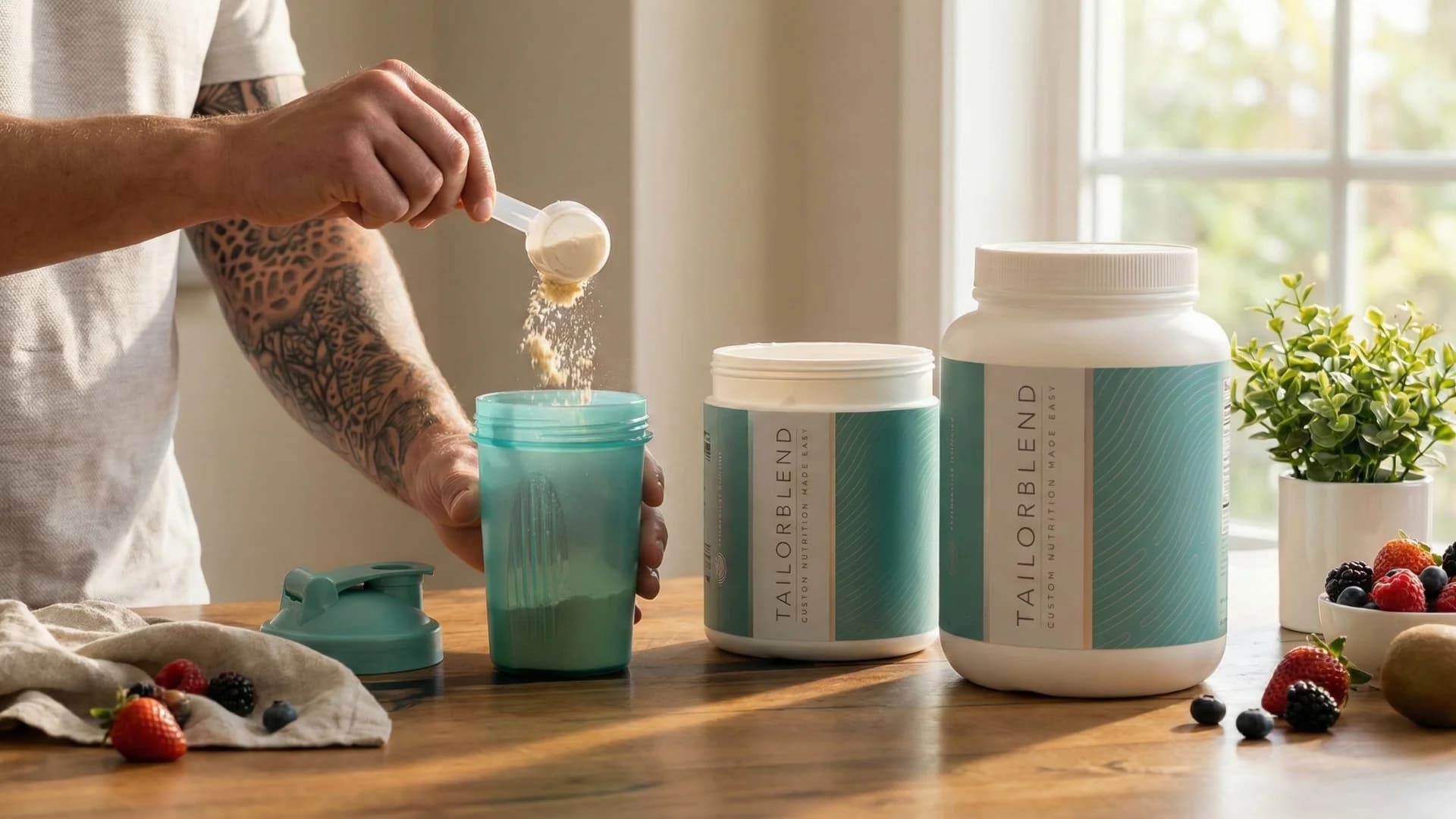 Man making TAILORBLEND shake with berries